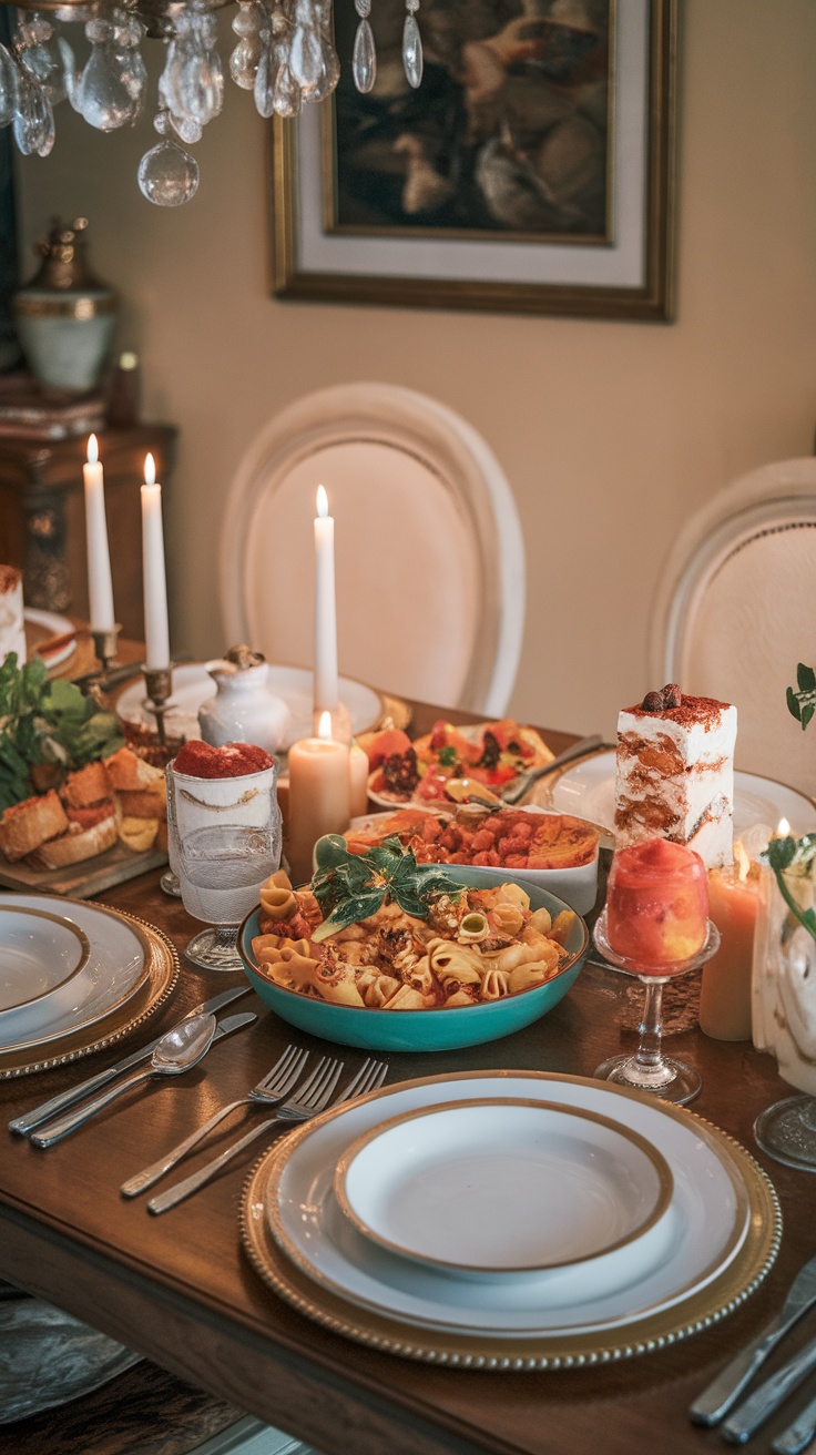 A beautifully arranged Italian dinner table with pasta, salad, and dessert.