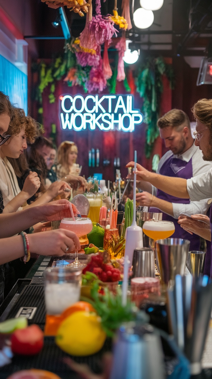 A lively cocktail workshop with participants mixing drinks at a bar setup.