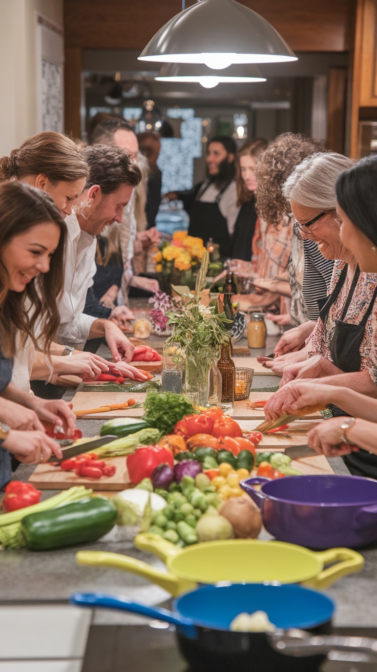 Group of people cooking together in a vibrant kitchen, chopping vegetables and preparing food.