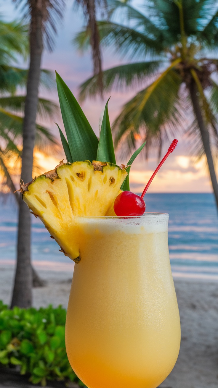 A refreshing Island Breeze mocktail garnished with pineapple and cherry.