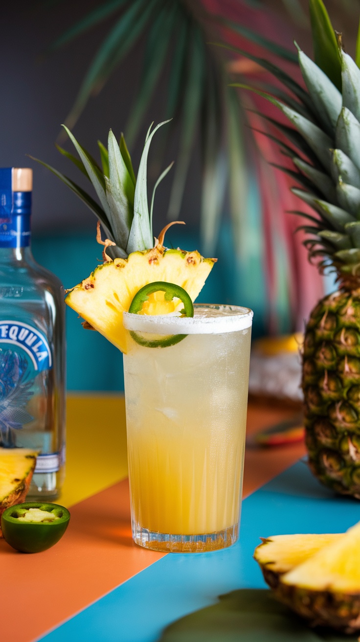 A refreshing Jalapeño-Pineapple Cooler cocktail with a garnish of pineapple and jalapeño.