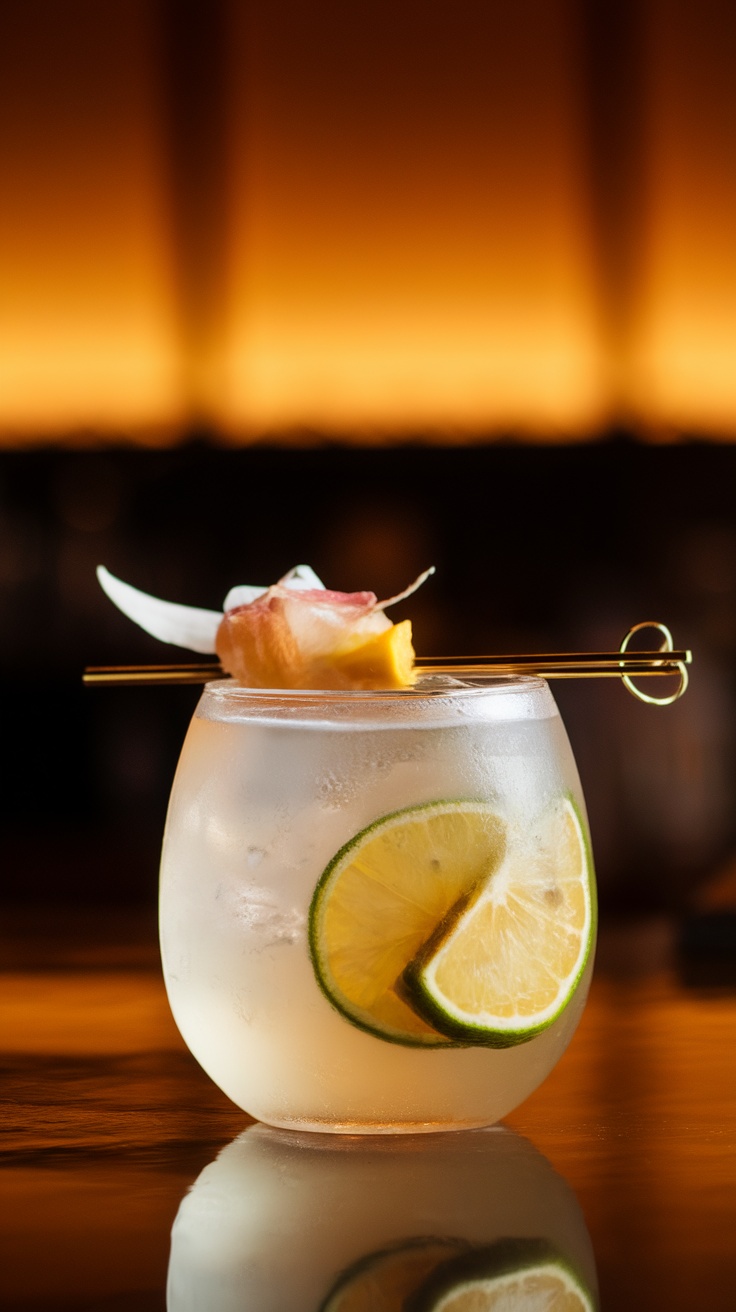 A refreshing Japanese Cocktail with brandy, lime, and a garnish.