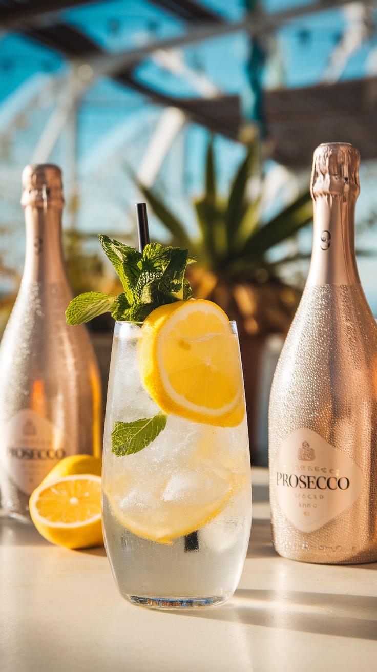 A refreshing Limoncello Spritz cocktail garnished with lemon and mint, next to bottles of Prosecco.