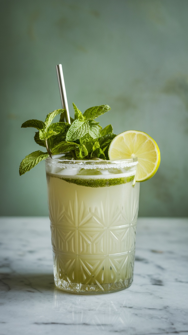 A refreshing Matcha Mint Refresher mocktail with mint and lime.