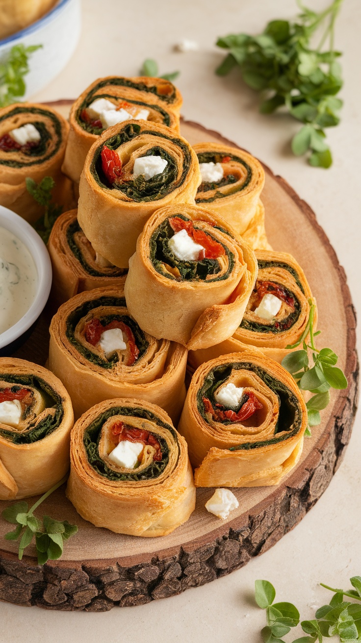 Mediterranean Puff Pastry Pinwheels arranged on a wooden platter with a yogurt dip.