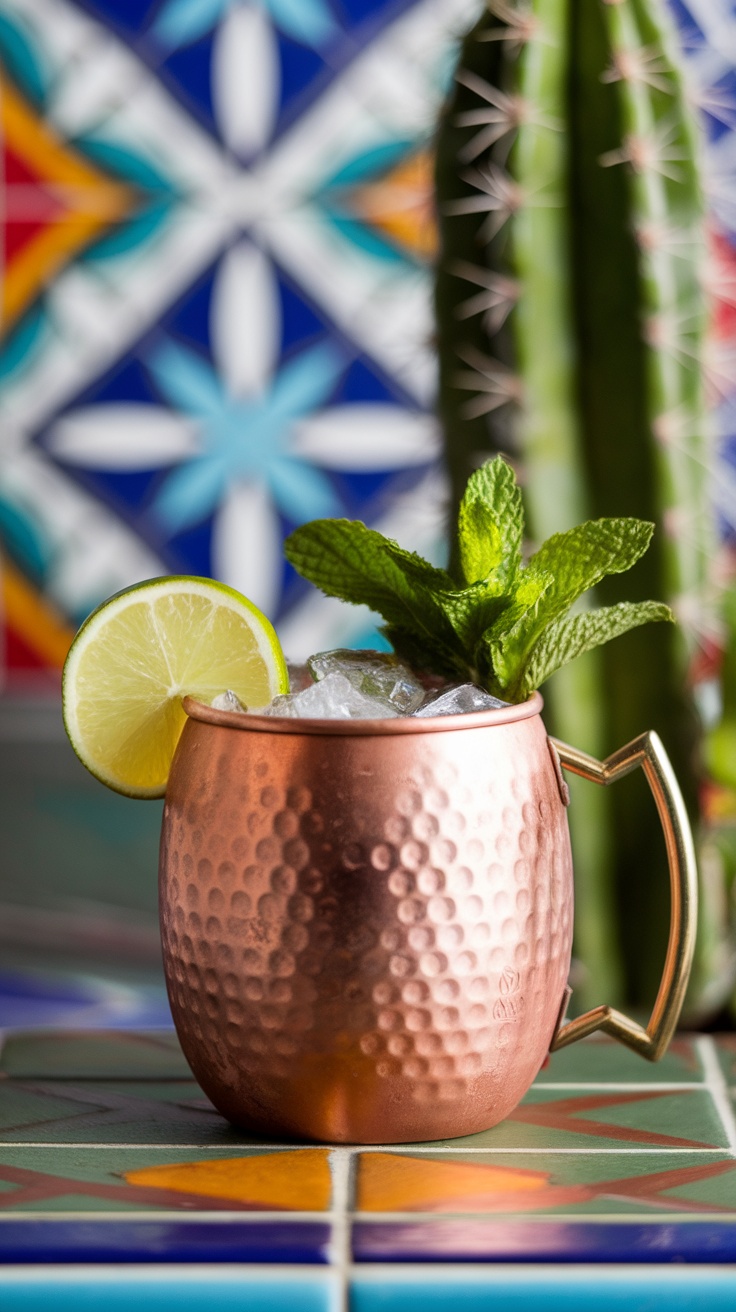 A refreshing Mexican Mule cocktail in a copper mug with lime and mint garnish.