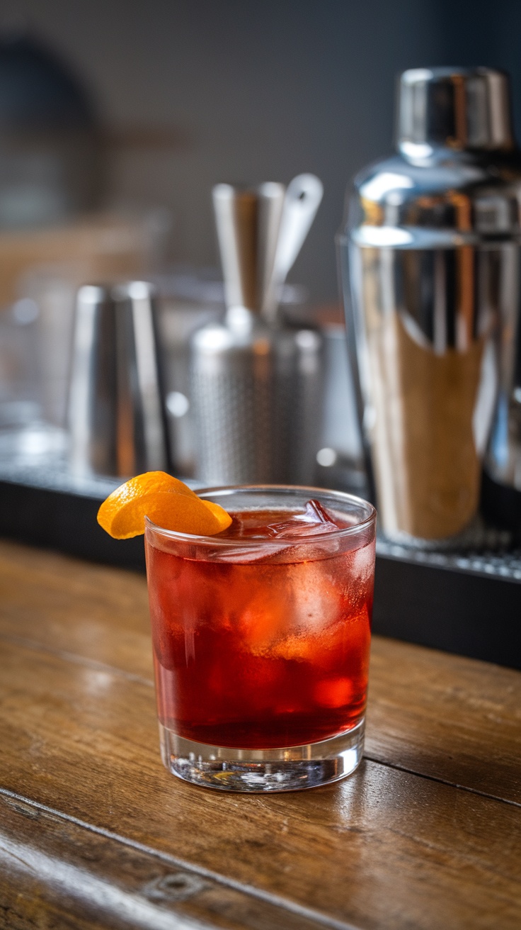 A Mezcal-Tequila Negroni cocktail garnished with an orange twist