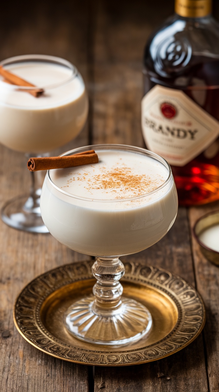 A creamy Milk Punch cocktail garnished with a cinnamon stick and nutmeg.