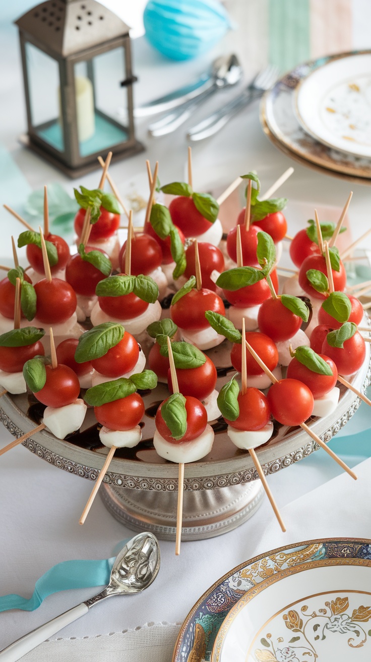 Mini Caprese Skewers with cherry tomatoes, mozzarella balls, and basil on skewers.