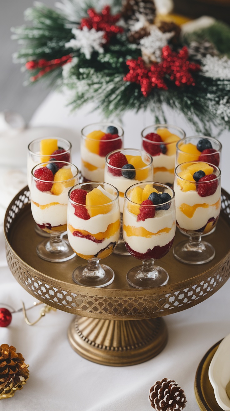 Mini dessert shooters with layers of pudding, fruits, and whipped cream