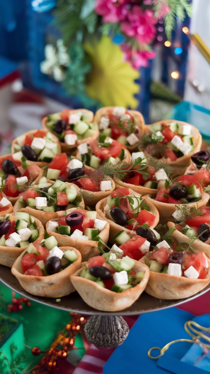 Mini Greek Pita Cups filled with vegetables and feta cheese.