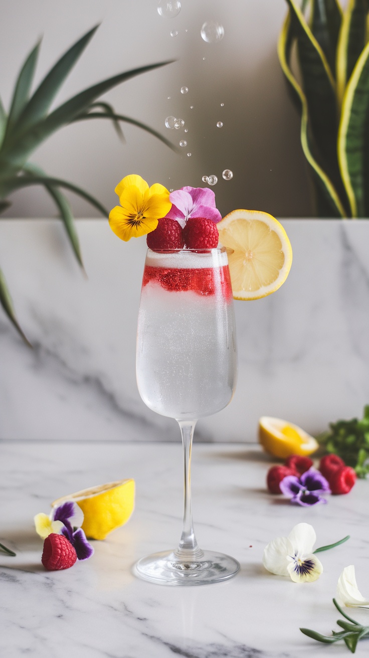 A refreshing Prosecco cocktail garnished with raspberries, lemon slices, and edible flowers.