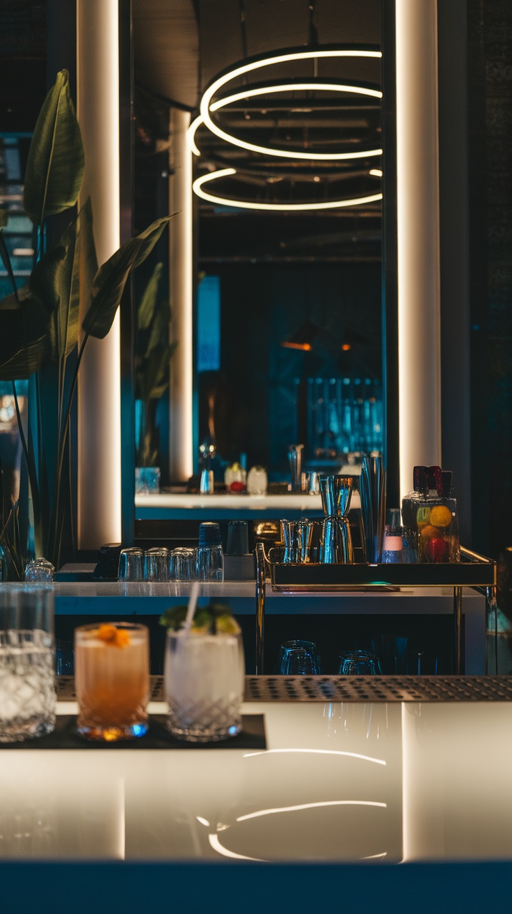 A stylish bar setup featuring brandy cocktails and modern decor.