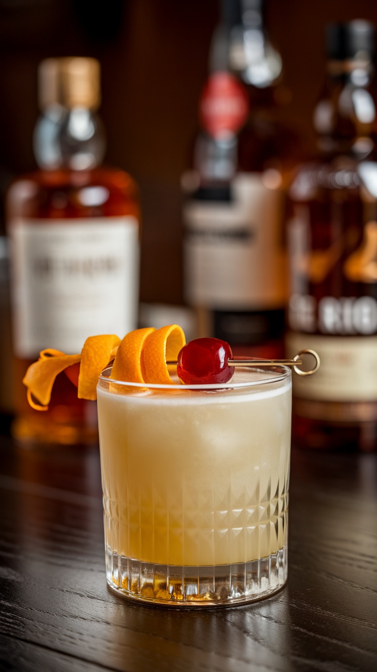 A refreshing Modern Whisky Sour cocktail garnished with orange peel and a cherry