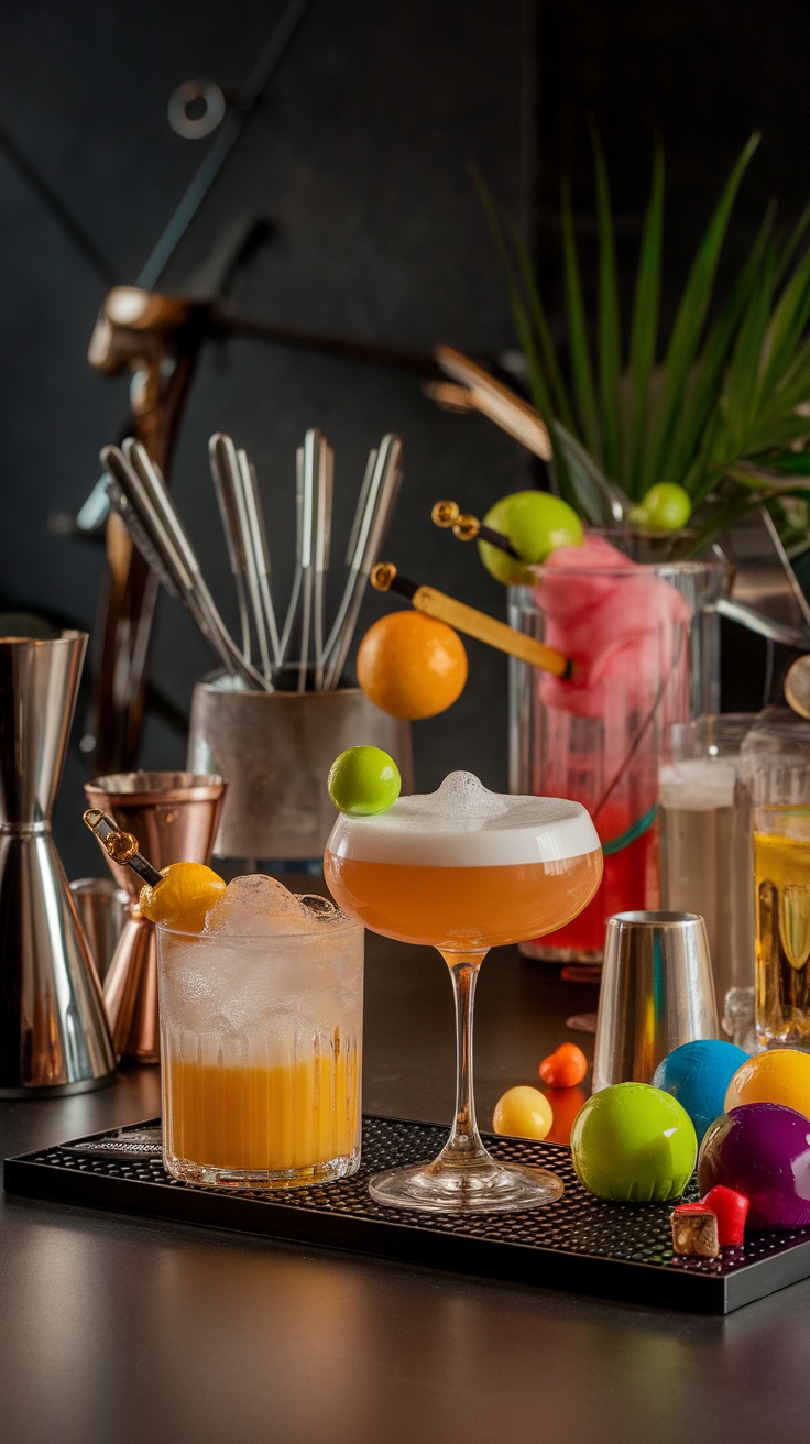 Two visually stunning cocktails with colorful garnishes on a stylish bar backdrop