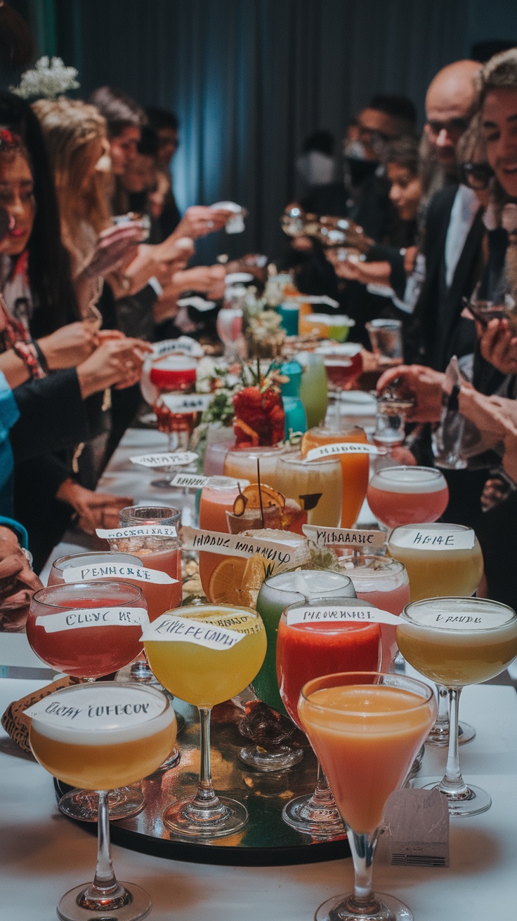 A vibrant cocktail tasting setup with colorful drinks and guests participating