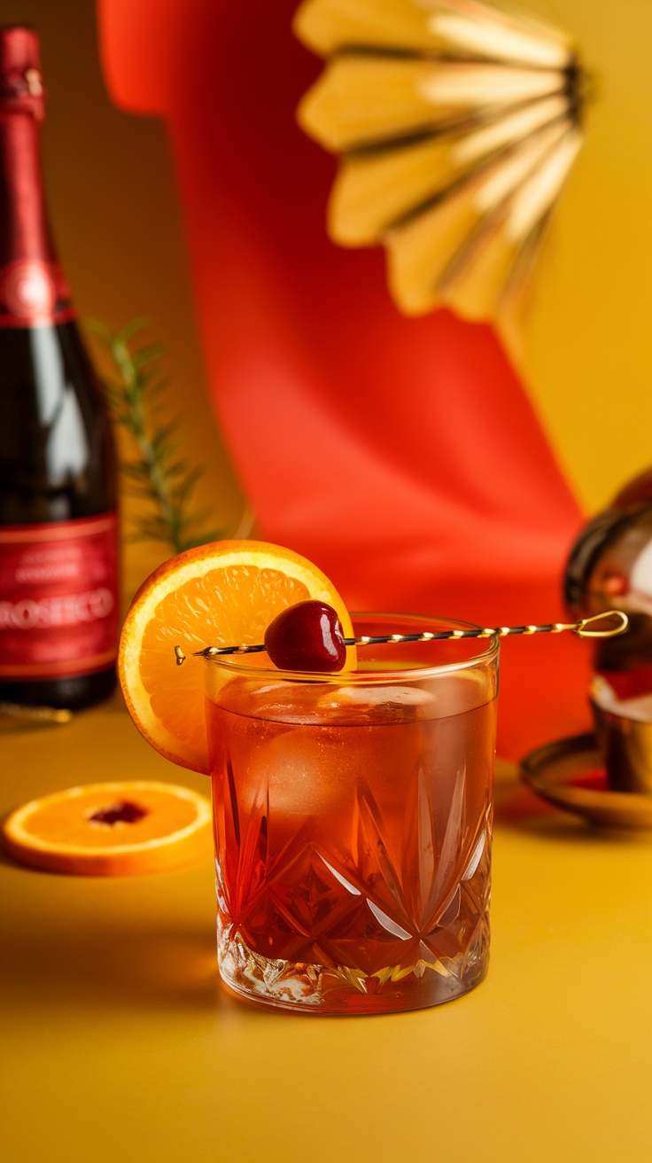 A vibrant Negroni Sbagliato cocktail garnished with an orange slice and cherry.