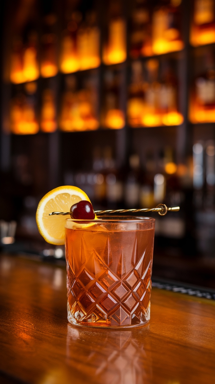 A cocktail glass filled with a rich amber drink, garnished with a lemon slice and a cherry.