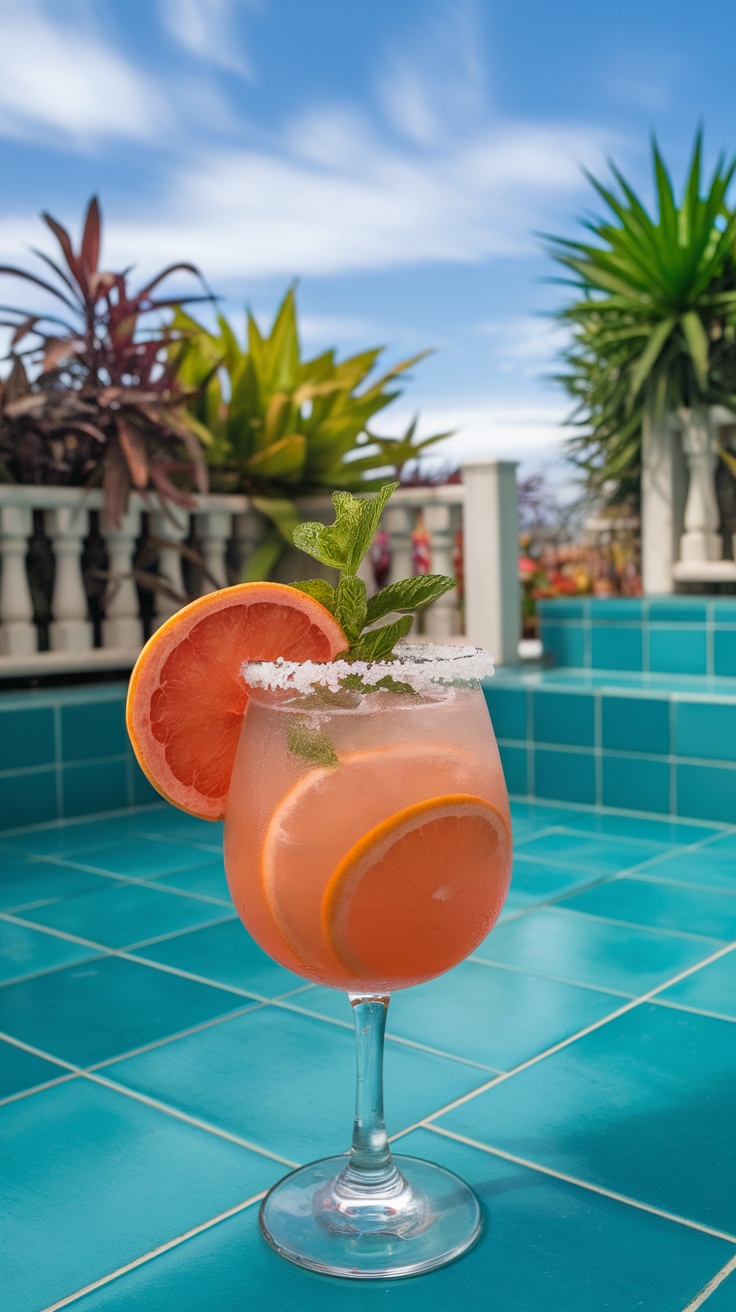 A refreshing Paloma cocktail served in a tall glass with grapefruit and lime garnishes.