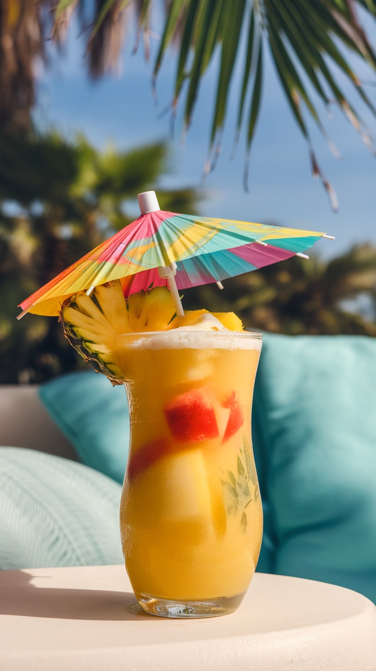 A refreshing glass of Paradise Punch mocktail with colorful fruit and mint.