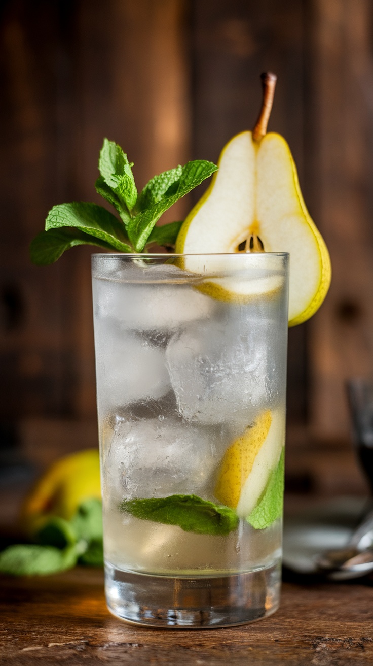 A refreshing cocktail made with pear brandy, soda water, and garnished with pear slices and mint leaves.