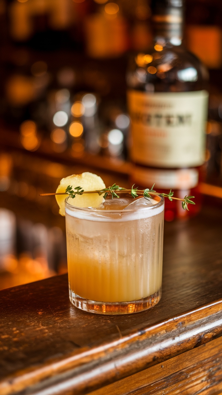 A refreshing Penicillin cocktail garnished with thyme and ginger, showcasing the blend of Scotch whisky and citrus.