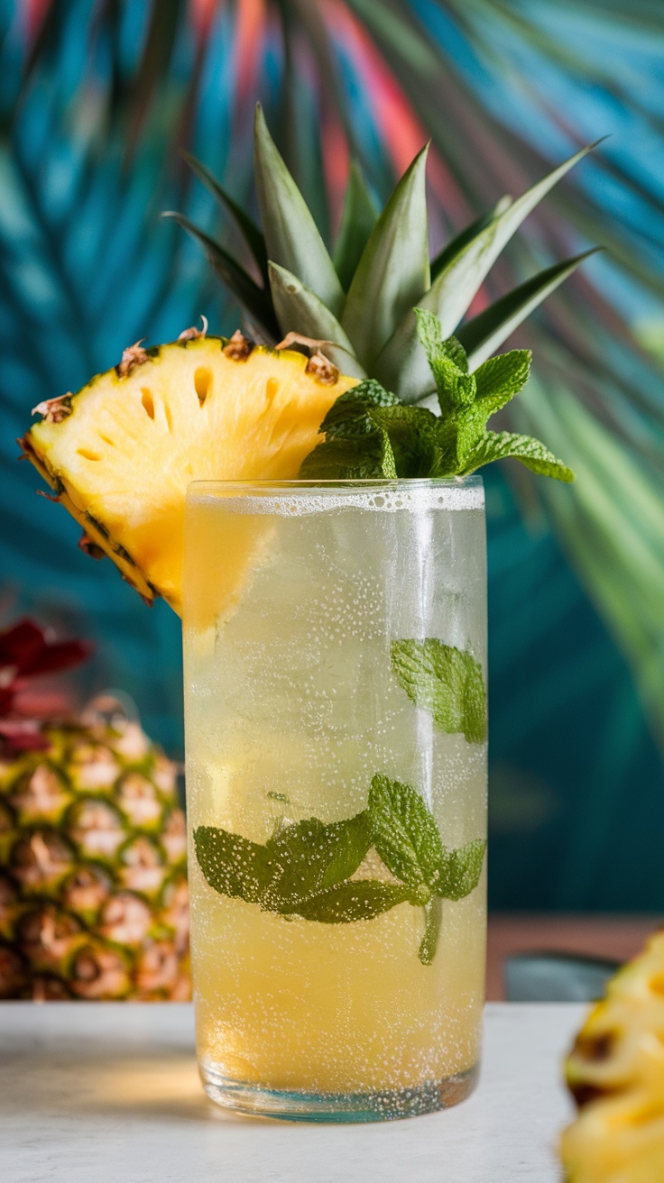 A refreshing Pineapple-Ginger Sparkler mocktail garnished with mint and pineapple.