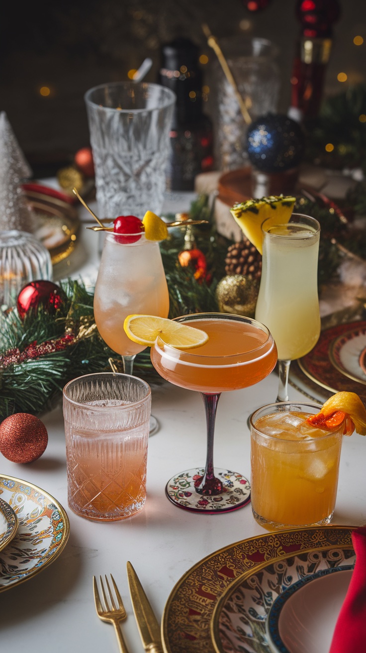 A variety of colorful cocktails displayed on a festive table with decorative elements.