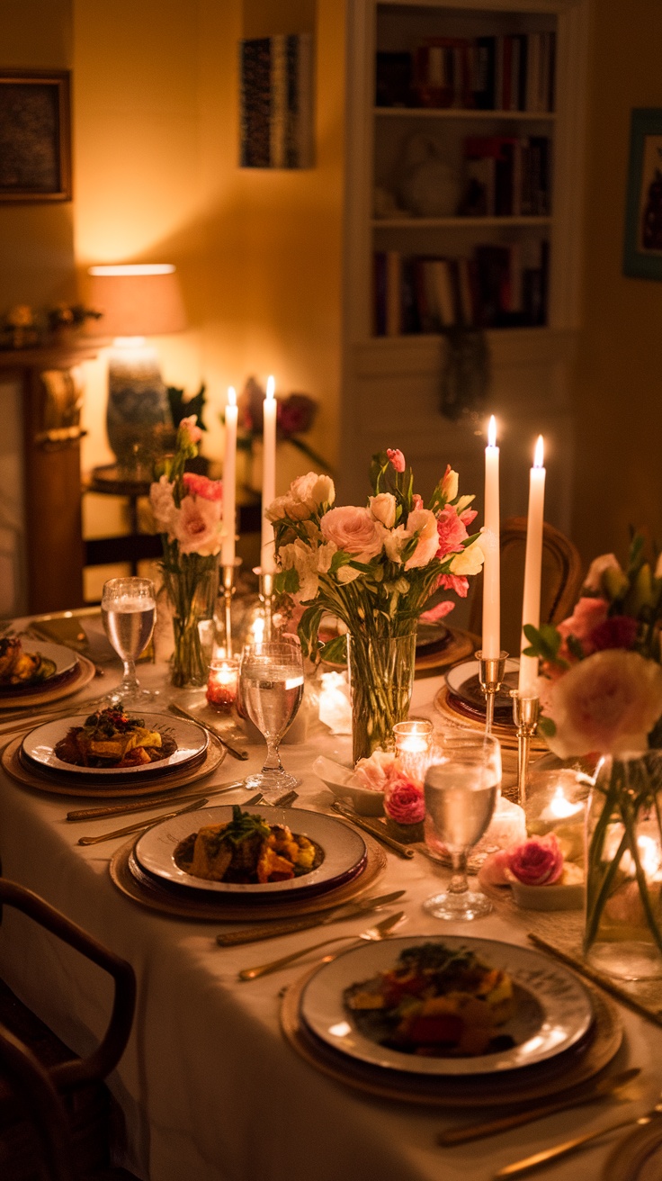 A beautifully set dinner table with flowers, candles, and elegant dishes