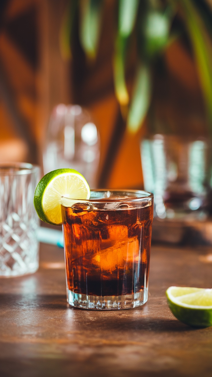 A refreshing glass of Reposado & Cola cocktail garnished with a lime wedge.