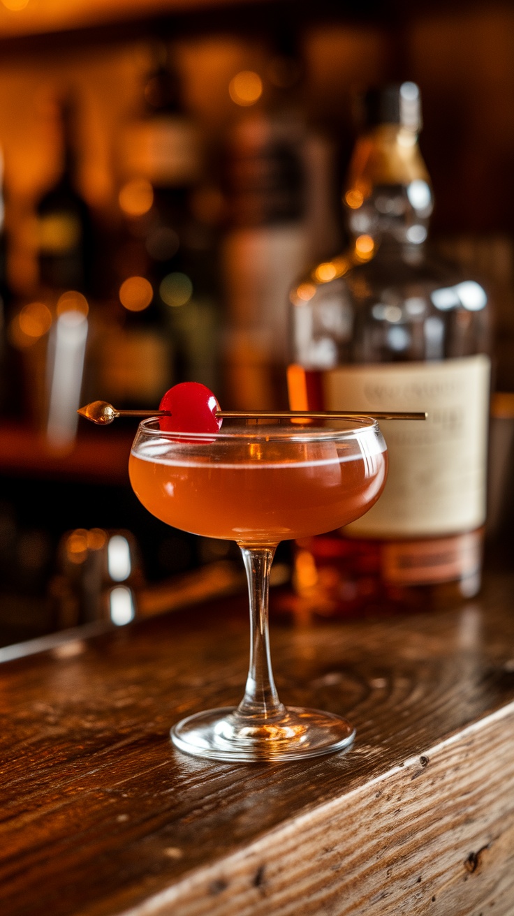 A beautifully crafted Rob Roy cocktail in a coupe glass, garnished with a cherry.