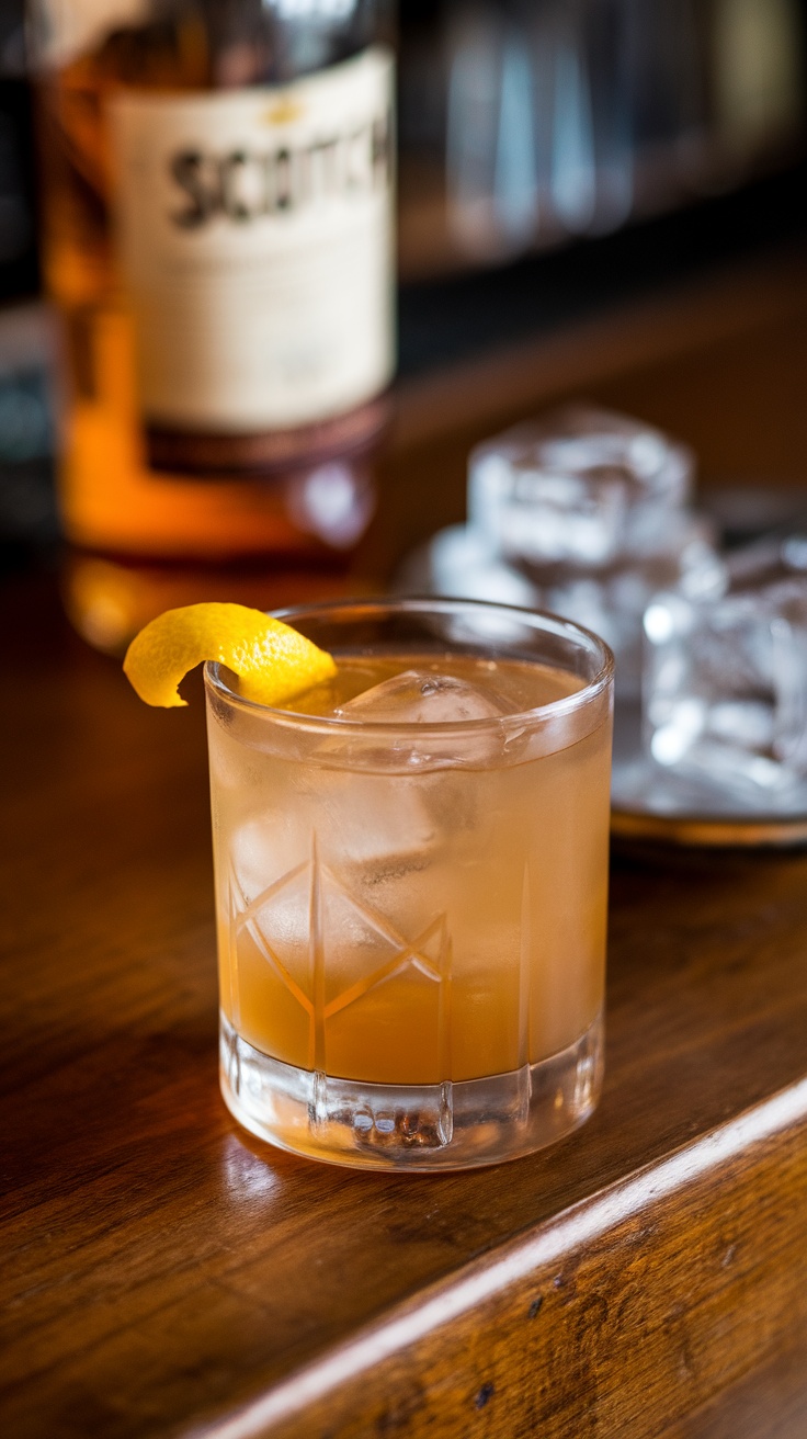 A Rusty Nail cocktail served in a glass with a lemon twist on top.