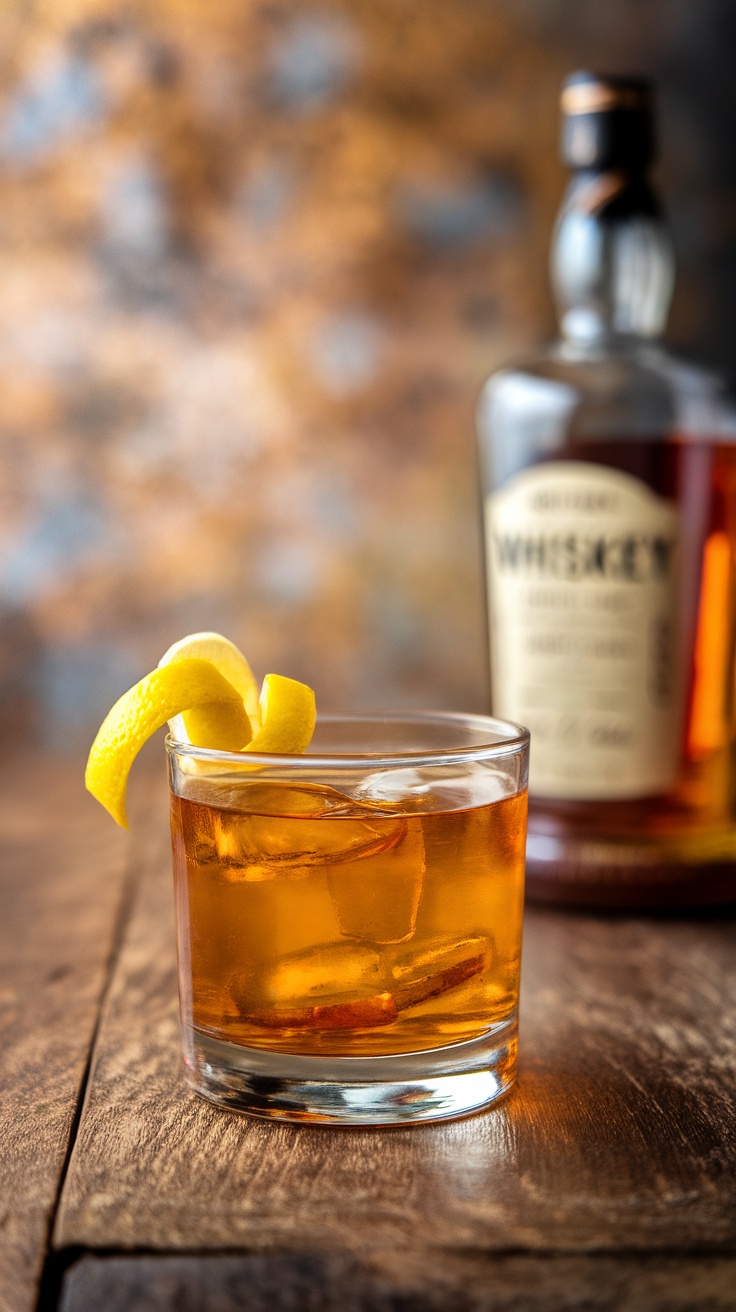 A glass of Scotch and Honey cocktail with a lemon twist garnish.