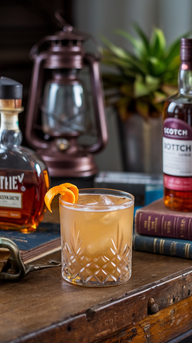 A beautifully crafted Scotch Boulevardier cocktail served in a crystal glass with an orange twist garnish.