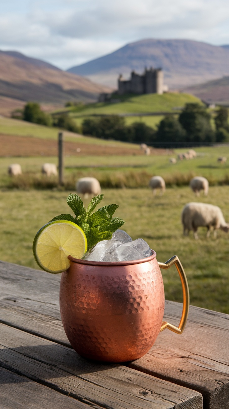 A refreshing Scottish Mule cocktail served in a copper mug with lime and mint garnish.