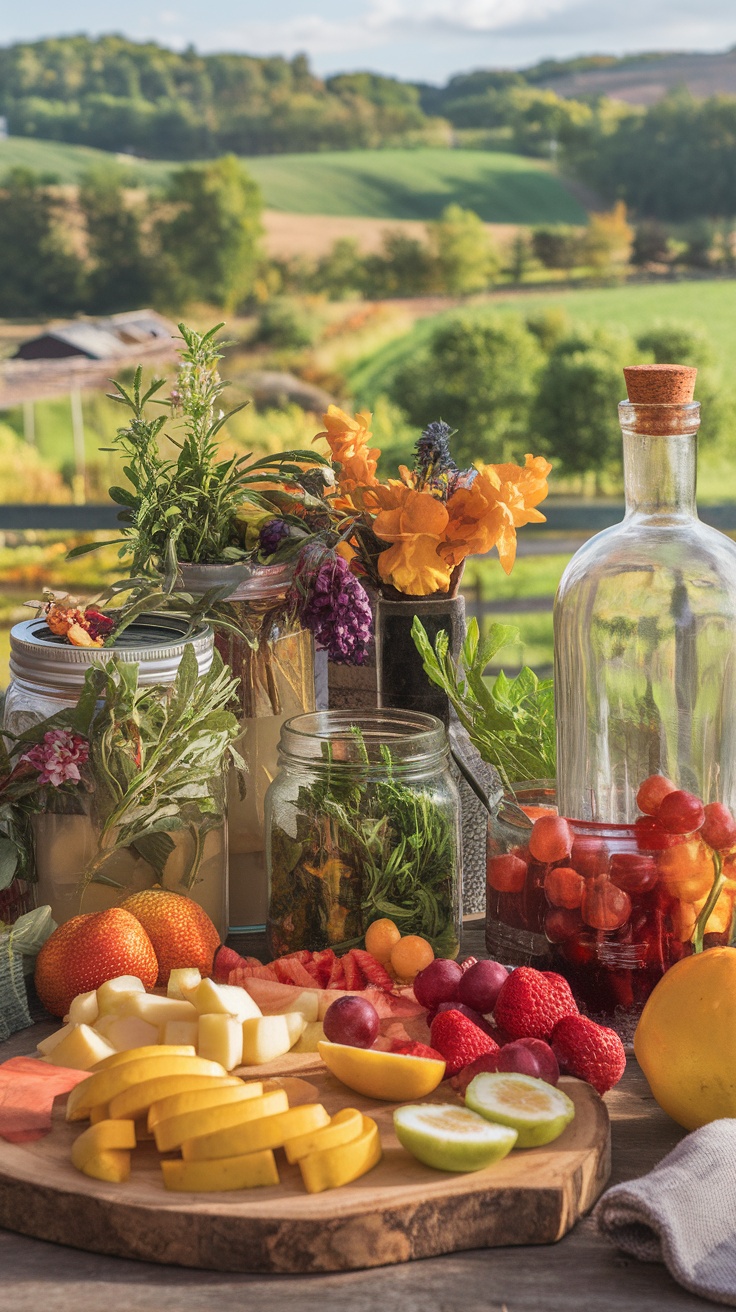 A beautiful setup of fresh fruits and herbs for a cocktail party, with jars and a cutting board displaying vibrant ingredients against a scenic backdrop.