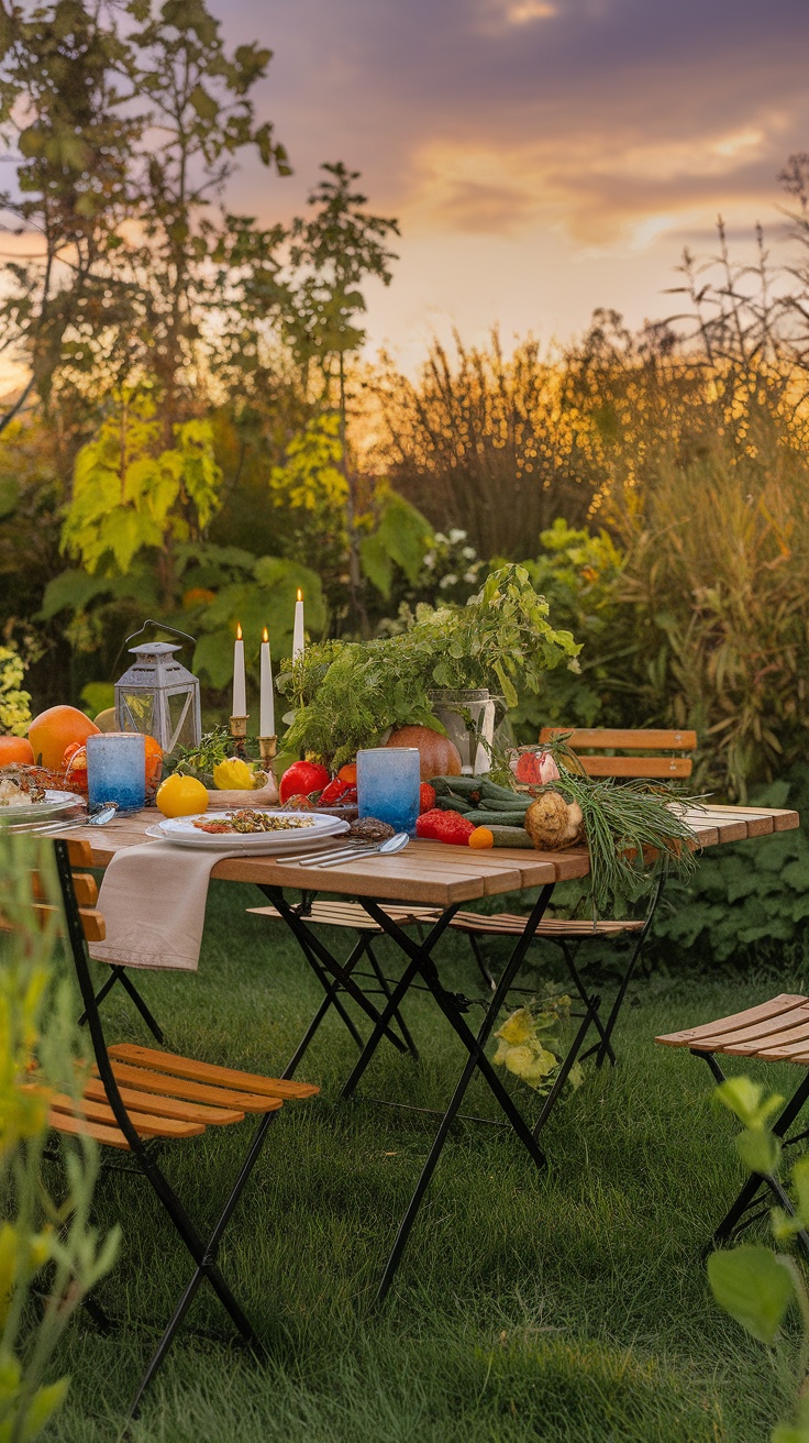 Outdoor dinner party setup with fresh vegetables and candles during sunset