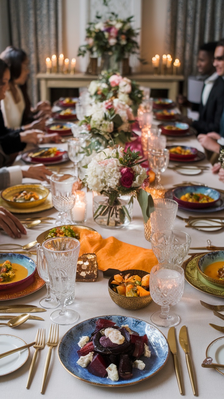 A beautifully set dinner table with small plates featuring colorful dishes, candles, and floral arrangements.