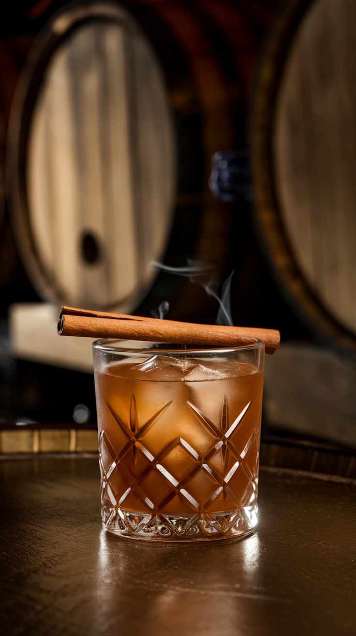 A Smoky Old Fashioned cocktail in a glass with a cinnamon stick garnish.