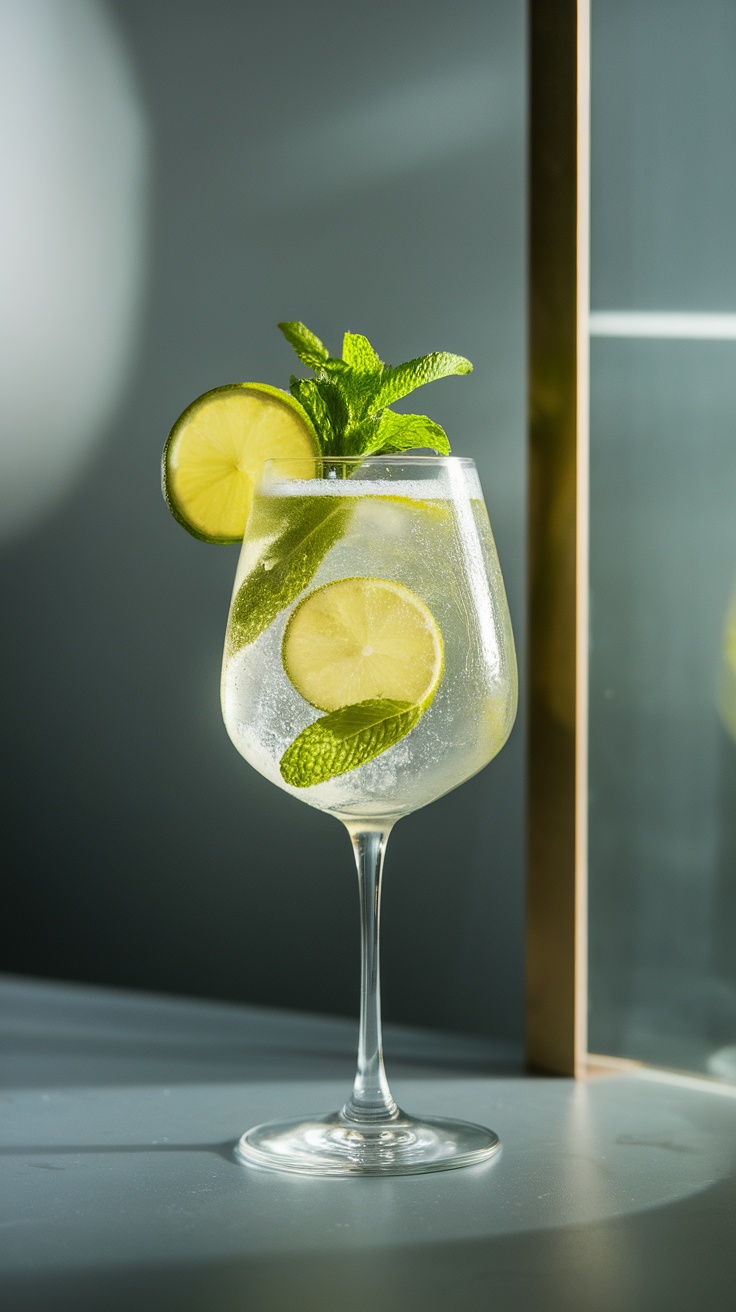 A refreshing Sparkling Green Tea Fizz mocktail served in a glass with mint leaves and lime slices.