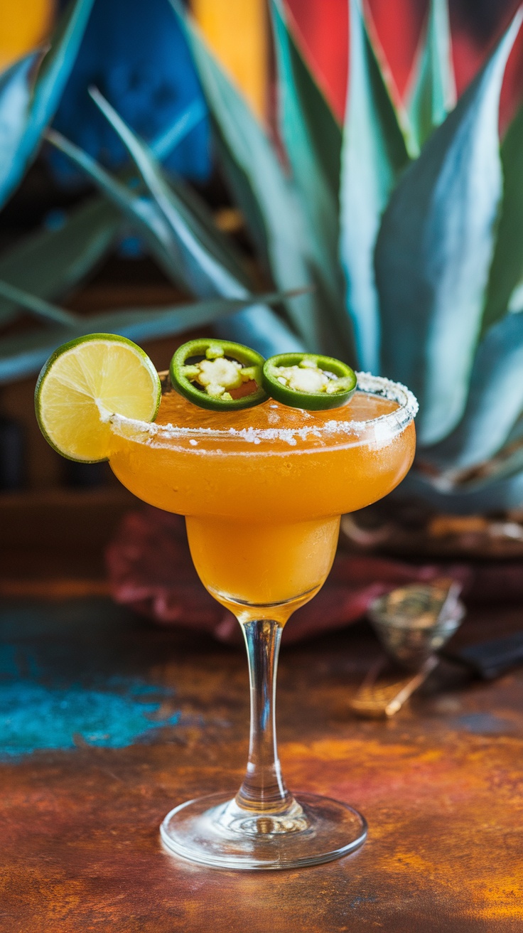 A spicy margarita garnished with jalapeños and lime.