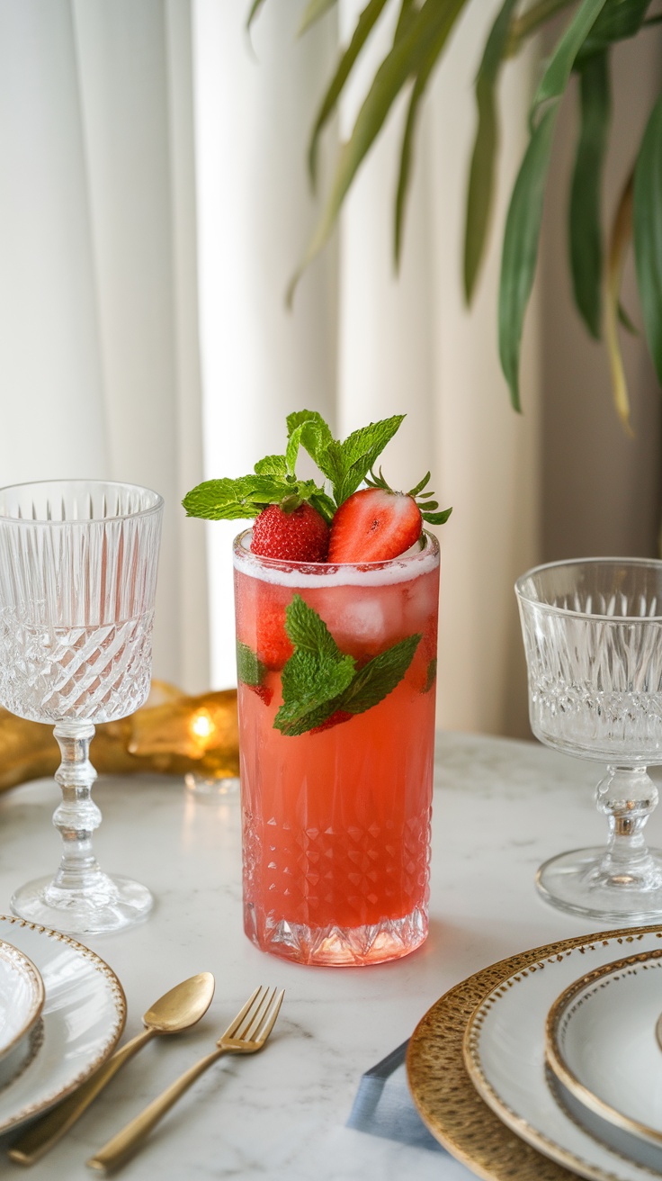 A refreshing strawberry mocktail garnished with mint leaves and strawberries.