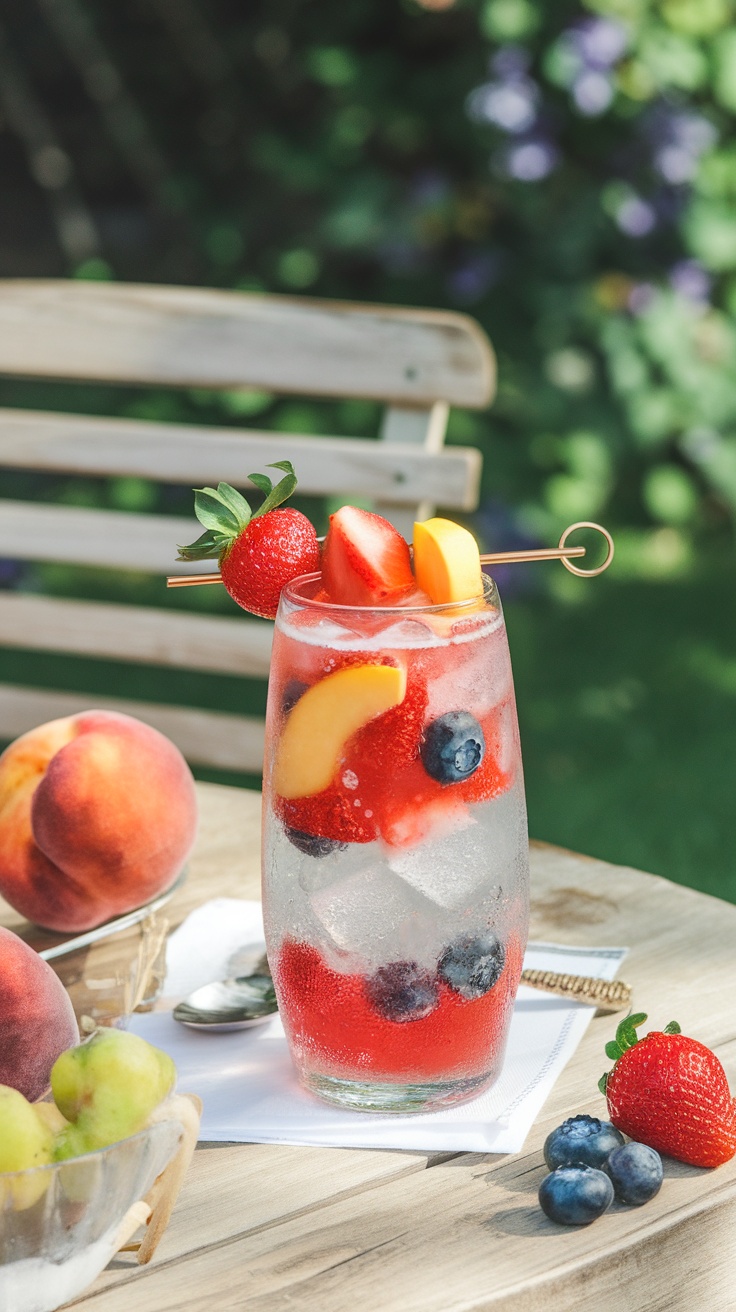 A refreshing Summer Fruit Fizz cocktail with strawberries, peaches, and blueberries, served in a tall glass.