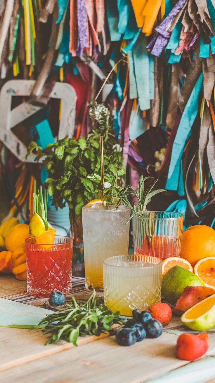 Colorful cocktails with fresh fruits and herbs on a wooden table, set against a vibrant backdrop.