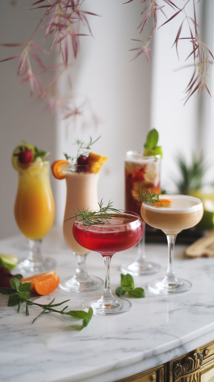 A variety of colorful mocktails on a marble surface with garnishes.