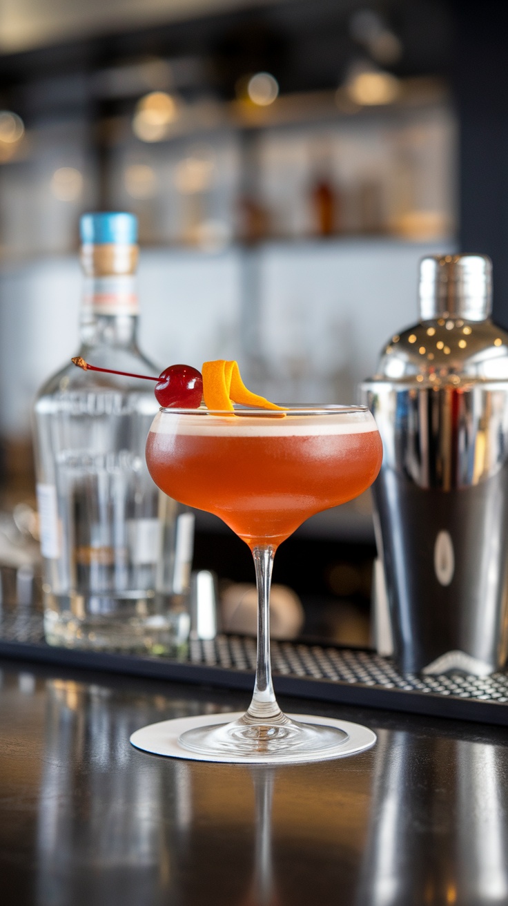 A stylish Tequila Manhattan cocktail garnished with a cherry and orange twist, served in a coupe glass.