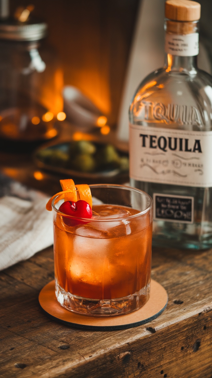 A glass of Tequila Old Fashioned cocktail garnished with orange peel and cherry.