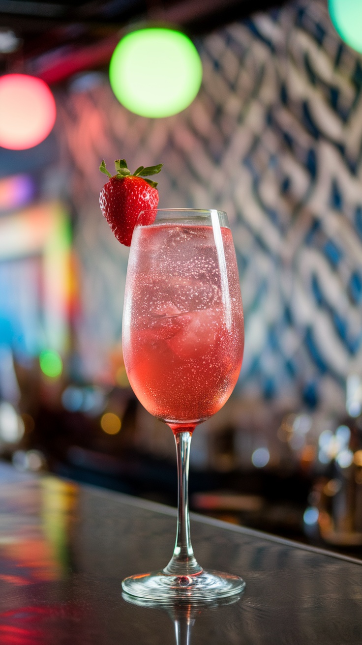 A refreshing pink cocktail garnished with a strawberry.