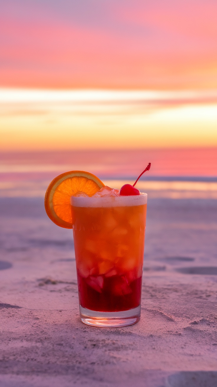 A colorful Tequila Sunrise cocktail garnished with an orange slice and a cherry.