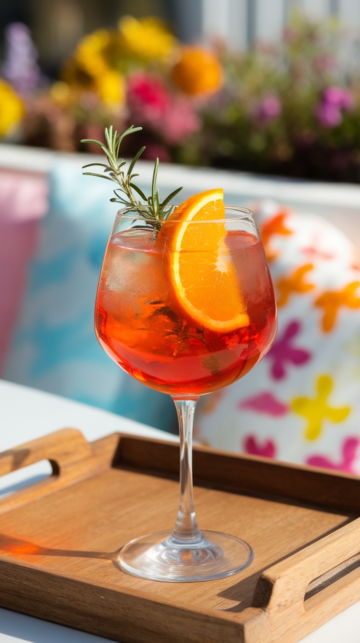 A refreshing Aperol Spritz cocktail garnished with an orange slice and rosemary.